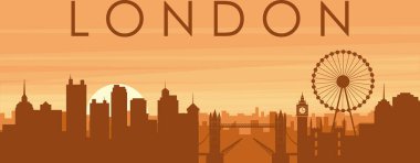 Şehir siluetinin kahverengi panoramik posteri sisli arka plan binaları, gündoğumu, bulutlar ve LONDON dağları, UNITED KINGDOM