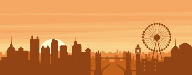 Şehir siluetinin kahverengi panoramik posteri sisli arka plan binaları, gündoğumu, bulutlar ve LONDON dağları, UNITED KINGDOM