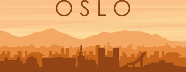 stock vector Brown panoramic poster of the city skyline with misty background buildings, sunrise, clouds and mountains of OSLO, NORWAY