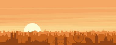 Şehir siluetinin kahverengi panoramik posteri sisli arka plan binaları, gündoğumu, bulutlar ve LONDON dağları, UNITED KINGDOM
