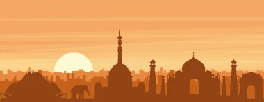 Şehir siluetinin kahverengi panoramik posteri sisli arka plan binaları, gün doğumu, bulutlar ve New DELHI, INDIA dağları