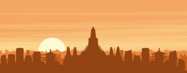 Şehrin sisli arka plan binaları, güneş doğuşu, bulutlar ve BANGKOK dağları ile kahverengi panoramik posteri.