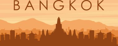 Şehrin sisli arka plan binaları, güneş doğuşu, bulutlar ve BANGKOK dağları ile kahverengi panoramik posteri.