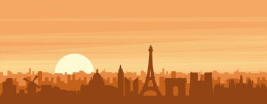 Şehir siluetinin kahverengi panoramik posteri sisli arka plan binaları, gün doğumu, bulutlar ve PARIS dağları, FRANCE