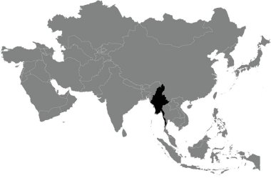 Koyu gri gri içinde MYANMAR 'ın vurgulanmış kara haritası Rusya' sız, saydam arkaplanda ortografik projeksiyon kullanarak Asya 'nın boş siyasi haritası