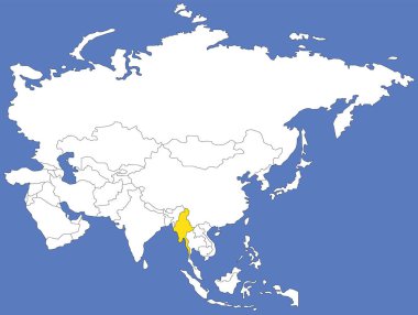 Asya 'nın beyaz siyasi haritasında koyu mavi arka planda ortografik projeksiyon kullanarak MYANMAR' ın işaretlenmiş sarı haritası