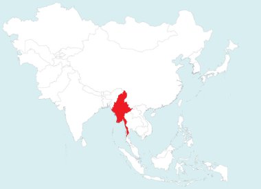 MYANMAR 'ın kırmızı haritası mavi arka planda beyaz Asya' nın detaylı siyasi haritası, Ortadoğu ve Rusya olmadan işaretlendi