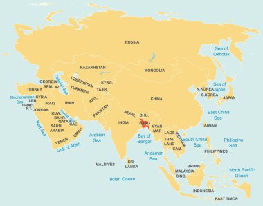 Mavi arkaplanda ortografik projeksiyon kullanarak turuncu detaylı Asya haritasının içindeki kırmızı BANGLADESH haritasını işaretle