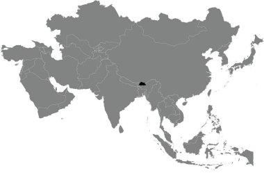 Koyu gri gri içinde BHUTAN 'ın vurgulanmış kara haritası, Rusya olmadan, saydam arkaplanda ortografik projeksiyon kullanarak Asya' nın boş politik haritası.