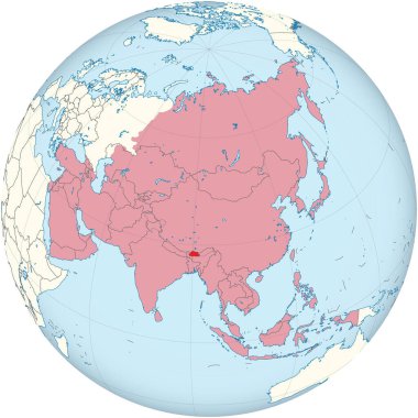 BHUTAN 'ın kırmızı haritası kırmızı içinde, Globe' un ortografik projeksiyonunu kullanarak Asya 'nın detaylı politik haritası.