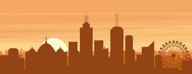 Şehir siluetinin kahverengi panoramik posteri sisli arka plan binaları, gündoğumu, bulutlar ve MELBOURNE dağları, AUSTRALYA