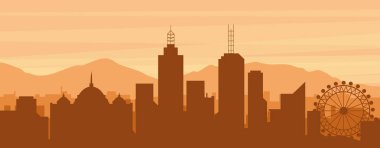 Şehir siluetinin kahverengi panoramik posteri sisli arka plan binaları, gündoğumu, bulutlar ve MELBOURNE dağları, AUSTRALYA