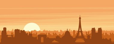 Şehir siluetinin kahverengi panoramik posteri sisli arka plan binaları, gün doğumu, bulutlar ve PARIS dağları, FRANCE