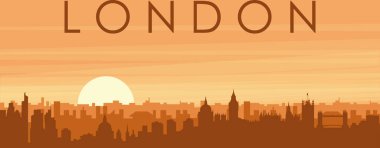 Şehir siluetinin kahverengi panoramik posteri sisli arka plan binaları, gündoğumu, bulutlar ve LONDON dağları, UNITED KINGDOM