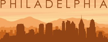 PHILADELPHIA 'nın puslu arkaplan binaları, güneş doğuşu, bulutlar ve dağları, Birleşik Devletler' in kahverengi panoramik posteri