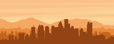 Şehrin sisli arka plan binaları, güneş doğuşu, bulutlar ve BOSTON dağları, Birleşik Devletler 'in kahverengi panoramik posterleri.