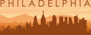 PHILADELPHIA 'nın puslu arkaplan binaları, güneş doğuşu, bulutlar ve dağları, Birleşik Devletler' in kahverengi panoramik posteri