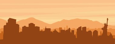 Şehrin sisli arka plan binaları, güneş doğuşu, bulutlar ve New York dağları, Birleşik Devletler 'in kahverengi panoramik posterleri.