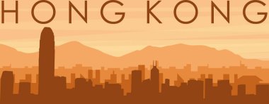 Şehrin sisli arka plan binaları, güneş doğuşu, bulutlar ve Hong Kong dağlarının kahverengi panoramik posteri.