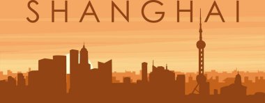 Şehir siluetinin kahverengi panoramik posteri sisli arka plan binaları, gün doğumu, bulutlar ve ŞANGHAI dağları, ÇİN