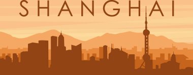 Şehir siluetinin kahverengi panoramik posteri sisli arka plan binaları, gün doğumu, bulutlar ve ŞANGHAI dağları, ÇİN