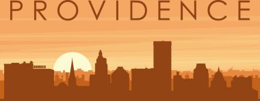 Şehir siluetinin kahverengi panoramik posteri sisli arka plan binaları, gün doğumu, bulutlar ve ProvIDENCE dağları, Birleşik Devletler