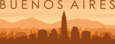 Şehrin sisli arkaplan binaları, gündoğumu, bulutlar ve BÜNOS AIRES dağları, ARGENTINA 'nın kahverengi panoramik posteri.