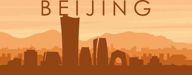 Şehir siluetinin kahverengi panoramik posteri sisli arka plan binaları, gün doğumu, bulutlar ve BEIJING dağları, ÇİN