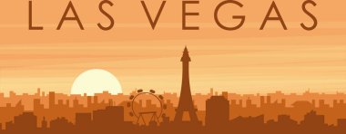 Şehrin sisli arka plan binaları, güneş doğuşu, bulutlar ve LAS VEGAS dağları, Birleşik Devletler 'in kahverengi panoramik posterleri.