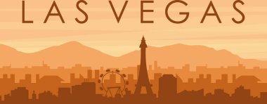 Şehrin sisli arka plan binaları, güneş doğuşu, bulutlar ve LAS VEGAS dağları, Birleşik Devletler 'in kahverengi panoramik posterleri.