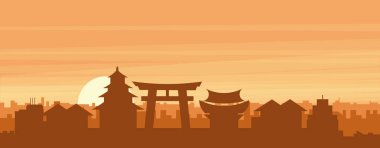 Şehir siluetinin kahverengi panoramik posteri sisli arka plan binaları, güneş doğuşu, bulutlar ve KYOTO dağları, Japonya