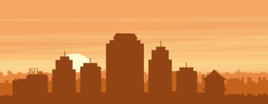 Şehrin sisli arka plan binaları, güneş doğuşu, bulutlar ve HONOLULU dağları ve Birleşik Devletler 'in kahverengi panoramik posterleri.