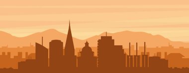 Şehir siluetinin kahverengi panoramik posteri sisli arka plan binaları, gündoğumu, bulutlar ve Hanover dağları, Almanya