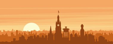 Şehrin sisli arka plan binaları, gündoğumu, bulutlar ve EDINBURGH dağları, UNITED KINGDOM