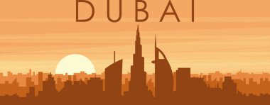 Şehrin sisli arka plan binaları, gündoğumu, bulutlar ve DUBAI dağları, Birleşik ARAB EMIRATES 'li kahverengi panoramik posteri