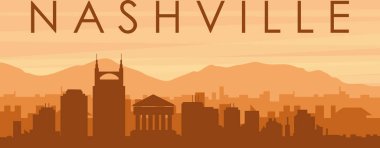 Şehrin sisli arka plan binaları, güneş doğuşu, bulutlar ve NASHVILLE dağları ve Birleşik Devletler 'in kahverengi panoramik posteri