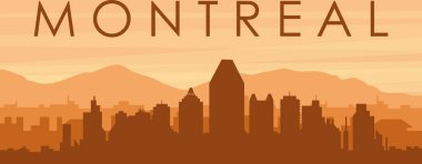 Şehir siluetinin kahverengi panoramik posteri sisli arka plan binaları, gündoğumu, bulutlar ve Montreal dağları, Kanada