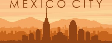 Şehrin sisli arkaplan binaları, gündoğumu, bulutlar ve MEXICO Şehri dağları ile kahverengi panoramik posteri