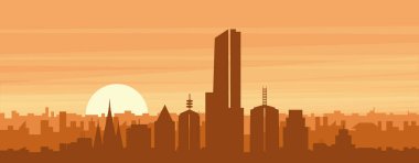 Şehir siluetinin kahverengi panoramik posteri sisli arka plan binaları, gündoğumu, bulutlar ve MELBOURNE dağları, AUSTRALYA