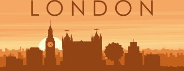 Şehir siluetinin kahverengi panoramik posteri sisli arka plan binaları, gündoğumu, bulutlar ve LONDON dağları, U NITED KINGDOM