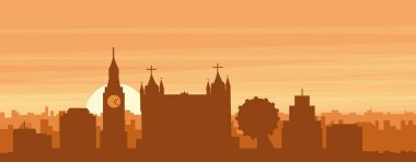 Şehir siluetinin kahverengi panoramik posteri sisli arka plan binaları, gündoğumu, bulutlar ve LONDON dağları, U NITED KINGDOM