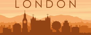 Şehir siluetinin kahverengi panoramik posteri sisli arka plan binaları, gündoğumu, bulutlar ve LONDON dağları, U NITED KINGDOM