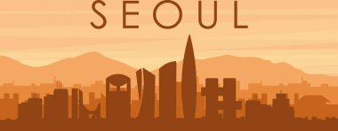 Şehrin sisli arka plan binaları, güneş doğuşu, bulutlar ve SEOUL dağları ve Güney Kore 'nin kahverengi panoramik posteri.