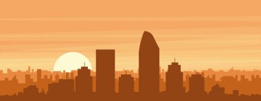 Şehrin sisli arka plan binaları, güneş doğuşu, bulutlar ve SAN DIEGO dağları, Birleşik Devletler 'in kahverengi panoramik posterleri.