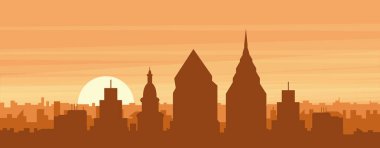 PHILADELPHIA 'nın puslu arkaplan binaları, güneş doğuşu, bulutlar ve dağları, Birleşik Devletler' in kahverengi panoramik posteri
