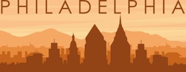 PHILADELPHIA 'nın puslu arkaplan binaları, güneş doğuşu, bulutlar ve dağları, Birleşik Devletler' in kahverengi panoramik posteri