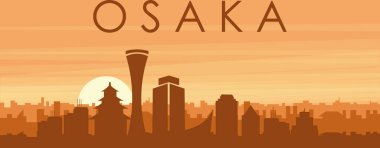 Şehrin sisli arka plan binaları, güneş doğuşu, bulutlar ve OSAKA dağları ve Japonya 'nın kahverengi panoramik posteri.