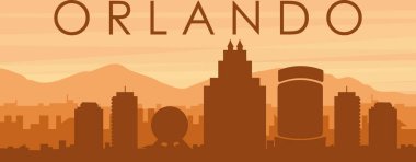 Şehir siluetinin kahverengi panoramik posteri sisli arka plan binaları, gündoğumu, bulutlar ve ORLANDO dağları, Birleşik Devletler