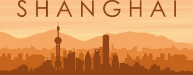 Şehir siluetinin kahverengi panoramik posteri sisli arka plan binaları, gün doğumu, bulutlar ve ŞANGHAI dağları, ÇİN