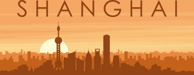 Şehir siluetinin kahverengi panoramik posteri sisli arka plan binaları, gün doğumu, bulutlar ve ŞANGHAI dağları, ÇİN